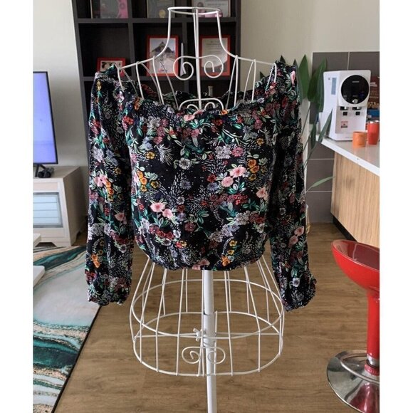 Divided H&M Womens Cropped Off Shoulder Colorful Floral Print Top Sz 4 Small - Picture 3 of 12